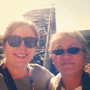 Me and Mom, watching the boys climb the Bridge.