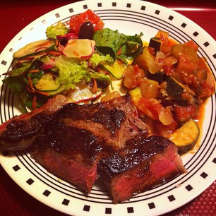 Seasonal Tuscan feast! Steak, homemade ratatouille, green salad. #paleo
