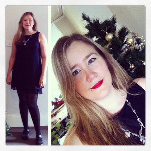 All gussied up for the Christmas party in my prom dress!