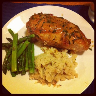 Pan Roasted Chicken Breast with Dijon & Tarragon, Asparagus, and Cauliflower "Rice" #paleo