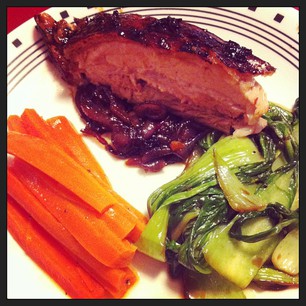Roast pork belly and onions with bok choy and carrots. SO GOOD. #paleo