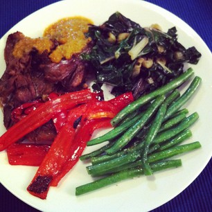 Dinner tonight: Slow Roasted Lamb Shoulder, Silverbeet, Capsicum, and Beans.  #paleo 