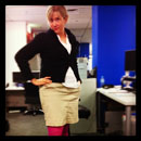 GAP khaki skirt, blouse, cardigan, pink tights