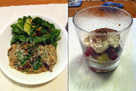 Oozy Mushroom Risotto, Spinach Salad, Quick Raspberry & Lemon Cheesecake