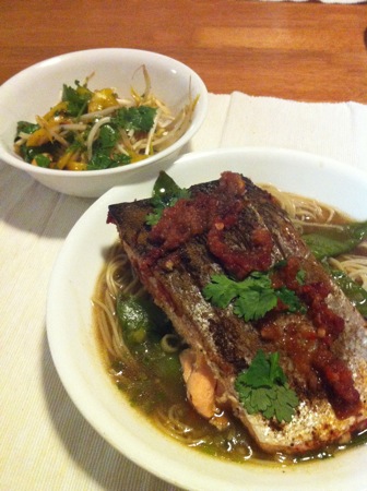 Salmon, noodle broth, and beansprout salad