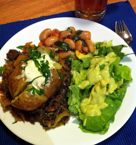 Super-Fast Beef Hash, Jacket Potatoes, Goddess Salad, and Lovely Butter Beans & Bacon