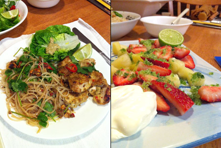 Chicken Skewers, Amazing Satay Sauce, Fiery Noodle Salad, Fruit & Mint Sugar