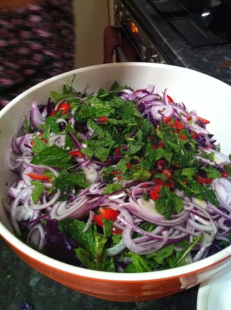 Adding onion and mint