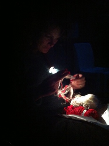 Donna knitting intarsia in the dark