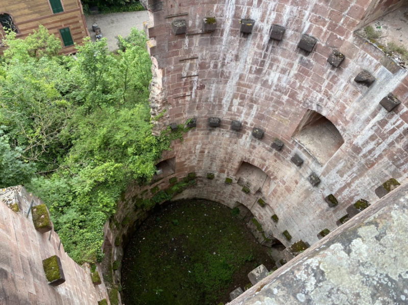 Looking down a tower ruin