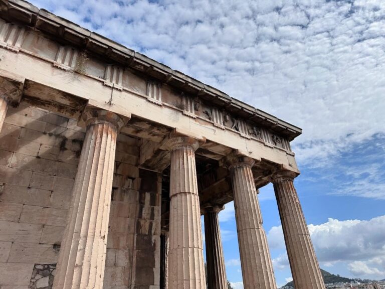 The wonders of ancient Athens! We visited Hadrian’s Library and then headed to the Agora, the center of public life. We checked out the reconstructed Stoa of Attalos, which is now a museum. Then we hiked over to the Temple of Hephaestus, one of the most well-preserved temples. After a fortifying lunch with dolmades, moussaka, and broad beans, we headed to the Acropolis Museum to see beautiful statues and carvings. (Well, the ones the British didn’t steal, anyway…) Then it was time to climb the hill!
