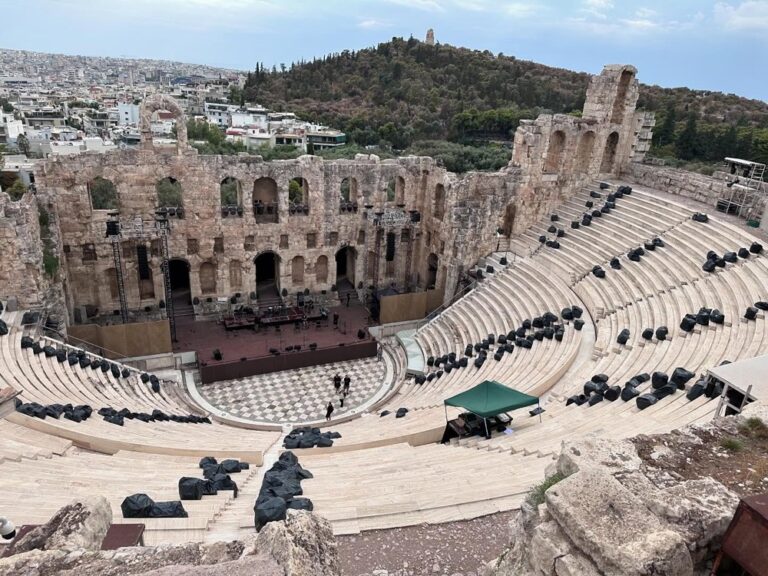 The Acropolis! We entered via the South entrance near the museum to avoid the crowds. I was particularly excited to see the Theatre of Dionysus. 🎭 As we finally neared the top, the sky began to look ominous. It made for some very dramatic shots of the architecture! I felt incredibly fortunate to get to see one of the greatest achievements of mankind. And then, of course, the heavens opened and we (along with everybody else) got soaked. 🌧️😂 Ah well…