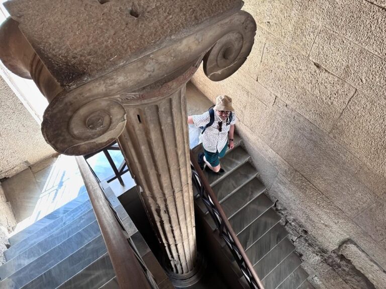 The wonders of ancient Athens! We visited Hadrian’s Library and then headed to the Agora, the center of public life. We checked out the reconstructed Stoa of Attalos, which is now a museum. Then we hiked over to the Temple of Hephaestus, one of the most well-preserved temples. After a fortifying lunch with dolmades, moussaka, and broad beans, we headed to the Acropolis Museum to see beautiful statues and carvings. (Well, the ones the British didn’t steal, anyway…) Then it was time to climb the hill!