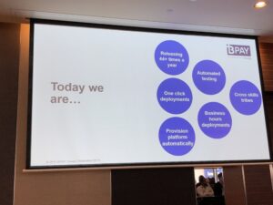 Interesting. Both Oshri from @BPAY_AU and @Grant_Simonds from @Telstra have found mid-morning (10-11am) is the best time to kick off their releases. Team is caffeinated and ready to go, and customer impact is minimal. #dotc19 #dotc https://t.co/l5hr6y6FYo