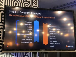 The secret sauce of high performing IT orgs is small and frequent changes. Leads to good stuff going up, bad things going down. #sydtechleaders https://t.co/SeSnLgBy7Q