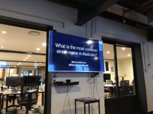 Absolute champion @ADuckIsMyFiend is presenting via Google Hangout to a large crowd of @GGDSydney @WWCSyd @yow_conf attendees at @SafetyCultureHQ! https://t.co/Q2V8lGAQRi