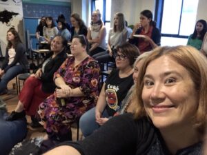 Absolute champion @ADuckIsMyFiend is presenting via Google Hangout to a large crowd of @GGDSydney @WWCSyd @yow_conf attendees at @SafetyCultureHQ! https://t.co/Q2V8lGAQRi