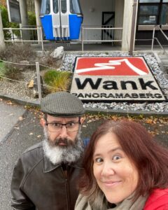 About to take the Wankbahn up to the Wankhaus for lunch on Wank Mountain. (Not kidding.) 🚡🏔