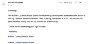 I remember for my first few elections living overseas, I paid lots of money to FedEx my ballots back to Indiana to ensure they would be counted. I'm truly grateful that nowadays I'm able to vote electronically and receive confirmation that it will be counted. The folks at the Elkhart County Election Board have always been super prompt and professional, and I appreciate their efforts to make it easy to exercise this important Constitutional right! ❤️🇺🇸 And if you haven't yet voted, and you can, PLEASE DO IT. Even if you think all politicians are the same - which, wow, nice privilege - there are still folks running in local races that will have a much more immediate impact on your life. Think about the example you are setting to your kids, and to the rest of the world. The US was once a beacon of democracy, and every person who neglects to vote undermines the principles enshrined in our Constitution. People died for this right, and the way to honour that is to have your voice heard.
