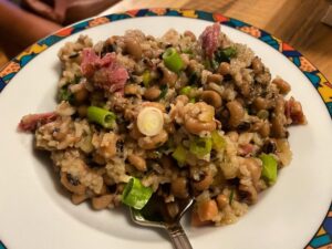 Hoppin’ John, a New Year’s tradition! Black-eyed peas, rice, ham hock, back bacon, onions, celery, jalapeño...