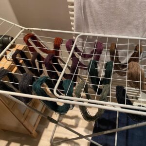 7 years ago I knitted the body of Orkney, an allover fairisle cardigan. I realised when I got to the shoulders that it was way too small, so I shoved it in a bag and went into deep denial. This week I finally frogged the whole thing, wound all 12 colours into skeins, gave them a bath, and hung them to dry. Tomorrow I’ll re-wind into balls and start afresh! 🧶