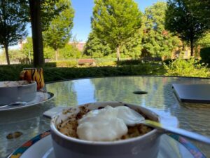 Freshly baked apricot crisp for breakfast al fresco… on a Tuesday?! 😍🍑
