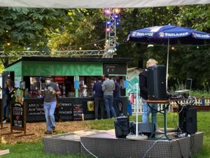 TGIF beers at the @nussbaumpark Biergarten. Loving the DJ tonight… but a bit dubious about the graffiti knitting. 🙃🍻 (2021 Biergarten Count: 10!)