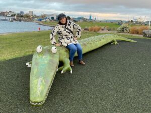 My own pilgrimage today was, of course, to Roald Dahl Plass in Cardiff. (He was born there!) We also walked out to the Barrage where we found Crocky-Wock, the Enormous Crocodile. 🐊