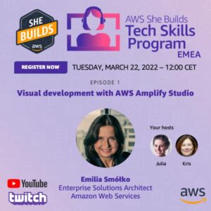 We'll be going live in just about 20 minutes for the first episode of the AWS She Builds Tech Skills Program EMEA! Solutions Architect Emilia will be joining Julia and me to talk about AWS Amplify Studio. You can watch live on http://twitch.tv/aws starting at 12:00 CET.