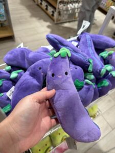 Miniso is selling, I kid you not… “stress-relief eggplants.” #nothingsuss 🤨🍆