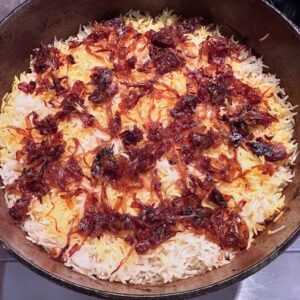 Lots of cooking today! Rodd made Lamb Biryani With Saffron, Yogurt, and Caramelized Onions, while I cooked up a big pot of Cajun red beans from scratch (including a smoked ham hock; rice to follow tomorrow)!