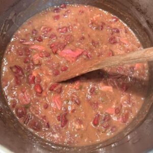 Lots of cooking today! Rodd made Lamb Biryani With Saffron, Yogurt, and Caramelized Onions, while I cooked up a big pot of Cajun red beans from scratch (including a smoked ham hock; rice to follow tomorrow)!