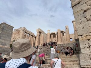 The Acropolis! We entered via the South entrance near the museum to avoid the crowds. I was particularly excited to see the Theatre of Dionysus. 🎭 As we finally neared the top, the sky began to look ominous. It made for some very dramatic shots of the architecture! I felt incredibly fortunate to get to see one of the greatest achievements of mankind. And then, of course, the heavens opened and we (along with everybody else) got soaked. 🌧️😂 Ah well…