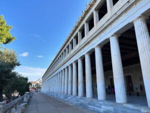 The wonders of ancient Athens! We visited Hadrian’s Library and then headed to the Agora, the center of public life. We checked out the reconstructed Stoa of Attalos, which is now a museum. Then we hiked over to the Temple of Hephaestus, one of the most well-preserved temples. After a fortifying lunch with dolmades, moussaka, and broad beans, we headed to the Acropolis Museum to see beautiful statues and carvings. (Well, the ones the British didn’t steal, anyway…) Then it was time to climb the hill!