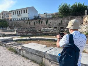 The wonders of ancient Athens! We visited Hadrian’s Library and then headed to the Agora, the center of public life. We checked out the reconstructed Stoa of Attalos, which is now a museum. Then we hiked over to the Temple of Hephaestus, one of the most well-preserved temples. After a fortifying lunch with dolmades, moussaka, and broad beans, we headed to the Acropolis Museum to see beautiful statues and carvings. (Well, the ones the British didn’t steal, anyway…) Then it was time to climb the hill!