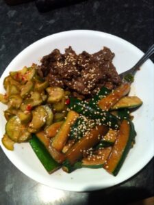 Homemade Korean Feast for dinner! Bulgogi, zucchini & pickled cukes. So good! Will blog recipes tomorrow.
