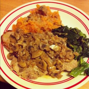 My turn to cook: Jägerschnitzel, sweet potato mash, and broccolini. http://instagr.am/p/QEyogDRJHR/