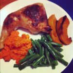 Dinner tonight: Buttermilk Roast Chicken, smashed carrots, beans, pumpkin. http://instagr.am/p/G8J8kXxJCJ/