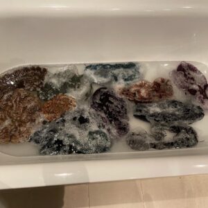 7 years ago I knitted the body of Orkney, an allover fairisle cardigan. I realised when I got to the shoulders that it was way too small, so I shoved it in a bag and went into deep denial. This week I finally frogged the whole thing, wound all 12 colours into skeins, gave them a bath, and hung them to dry. Tomorrow I’ll re-wind into balls and start afresh! 🧶