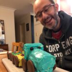A happy boy and his choo-choo cake. Happy birthday Snookums! (Cake damn near defeated me. Icing *everywhere*.) 😅🚂🎂