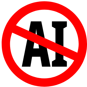 Icon with a red NO symbol over black letters AI