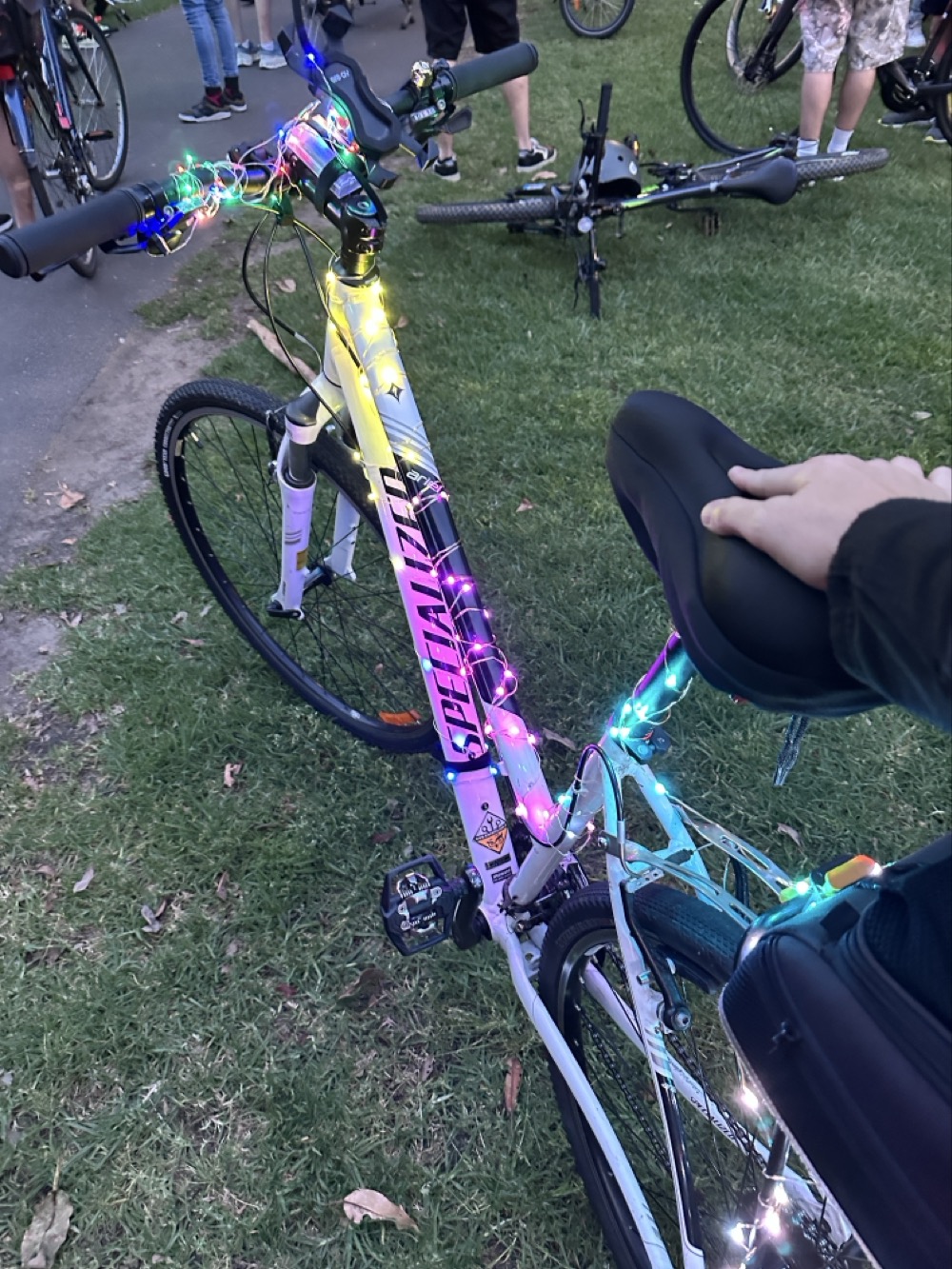 A bicycle wrapped in LED lights