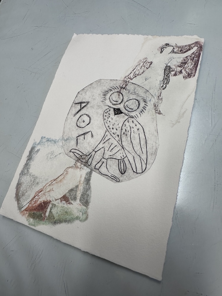 A drypoint print of an Athenian owl, with two image transfers of frescoes of Greek myths