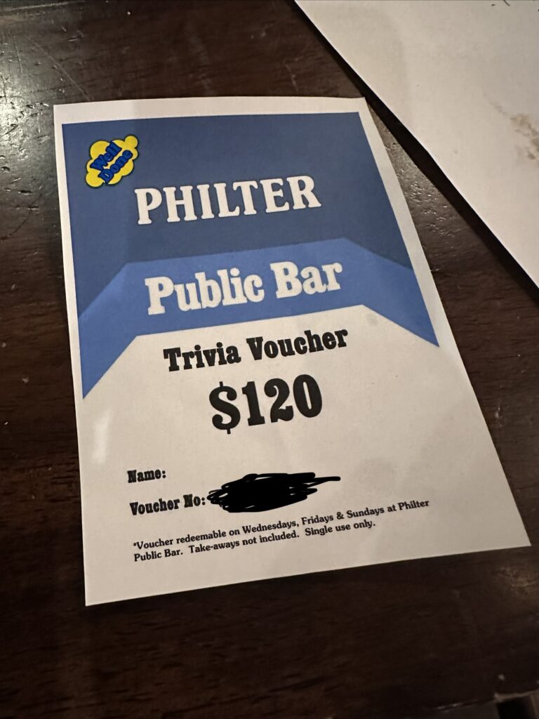 A pub trivia voucher from Philter Public Bar for $120